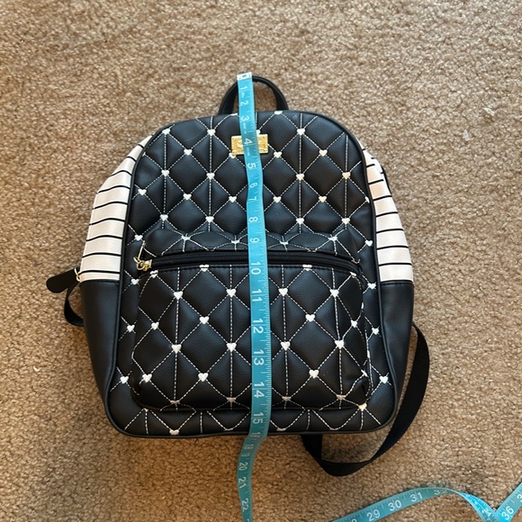 Betsey Johnson Black and White Quilted Backpack With Heart and Stripe Details - Picture 9 of 11